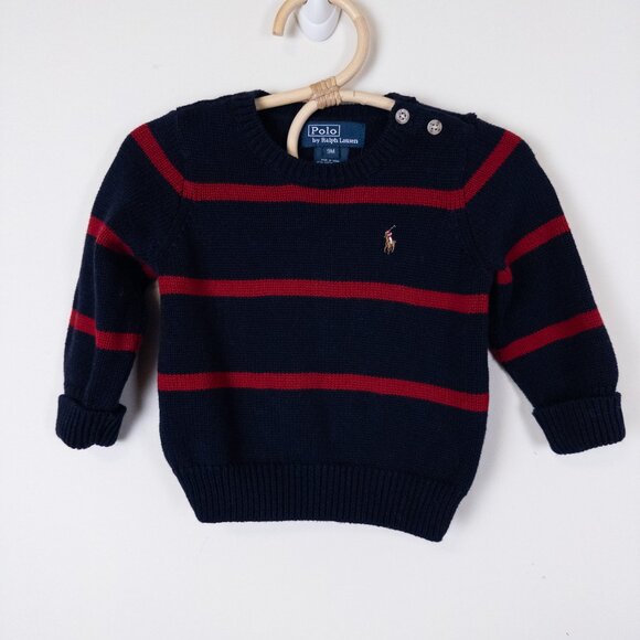 Vintage Y2K Polo Ralph Lauren Striped Knit Rugby Sweater Logo Navy Red Baby 9m - Picture 1 of 8